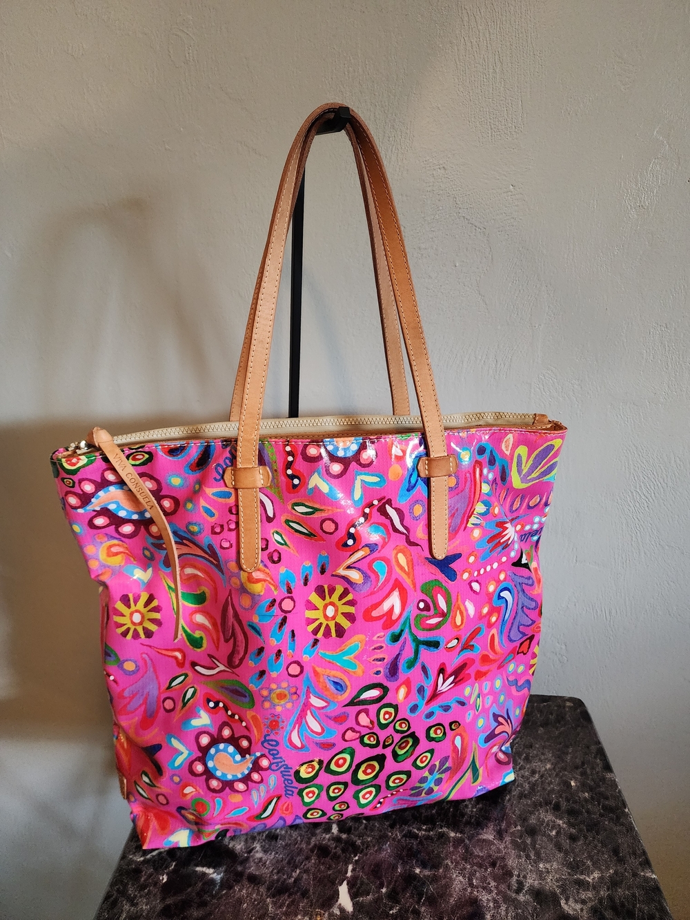 Consuela Pink Swirly Legacy Tote with Tan Leather Straps